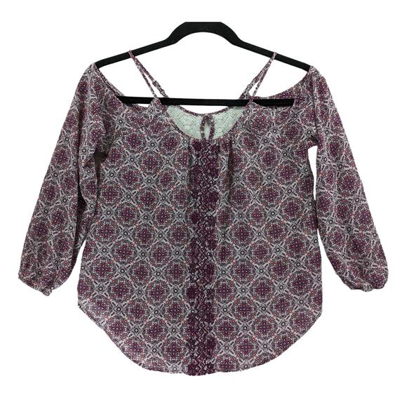 Rewind Cold Shoulder Blouse S Purple Mandala Print Scoop Lace Keyhole Strappy - Picture 1 of 9